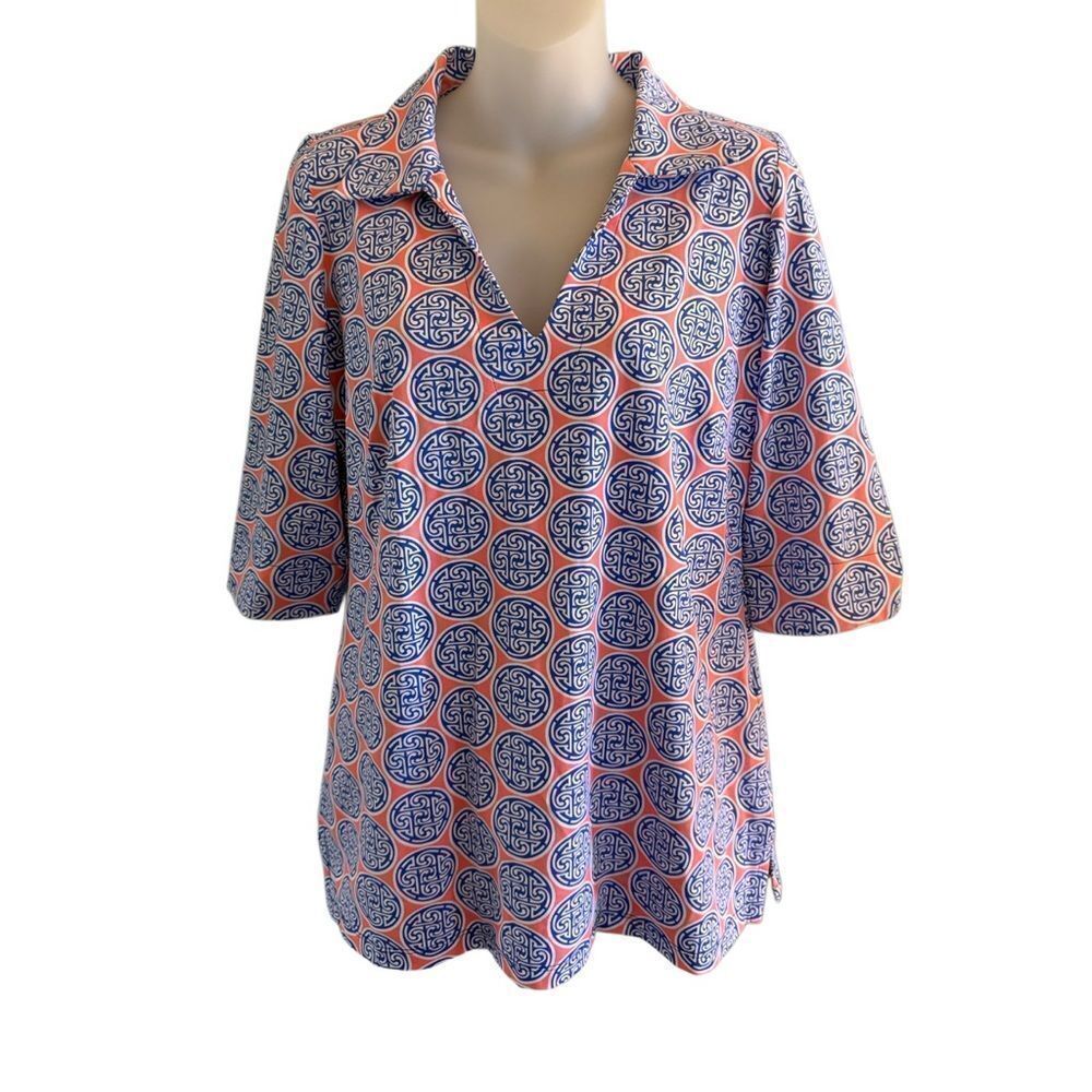 Katherine Way Women’s Nola Medium patterned top peach & blue Luxury 50+ UPF